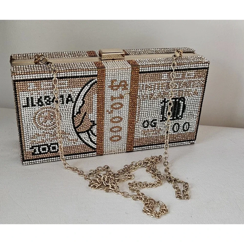 Money Stack Clear & Gold Rhinestone Clutch Bag Evening Purse